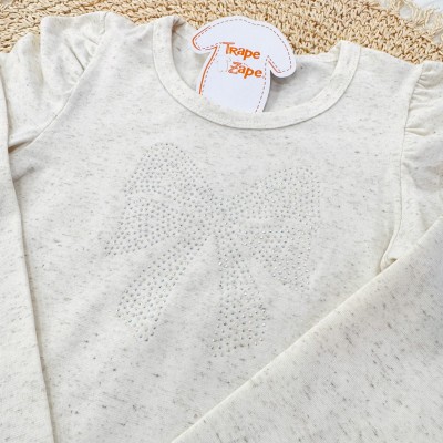  Conj. Blusa Manga Longa de Linho com Laço de Strass e Calça de Moletom - Areia e Rose